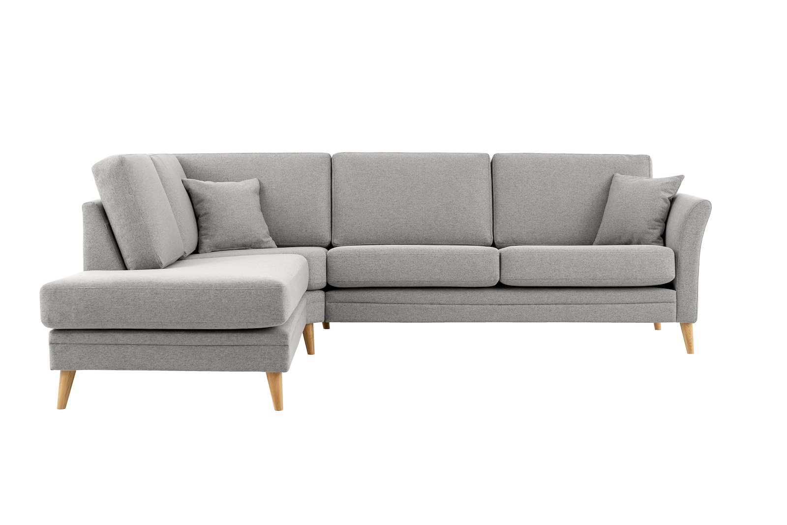 Eden hjørnesofa 2,5-seter med åpen ende venstre. Tekstil Neve 3 Grey med ben i eik natur (15137).