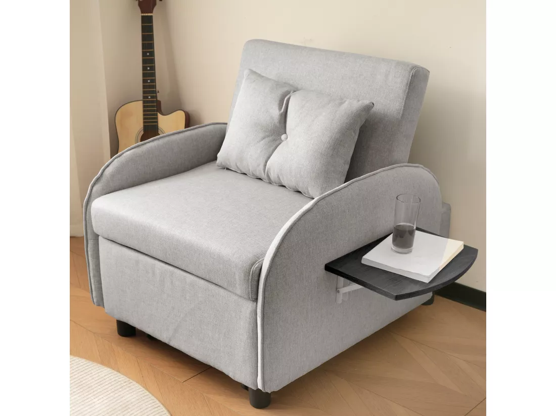 Fauteuil escamotable en lin - avec tables d'appoint pliantes - Gris clair