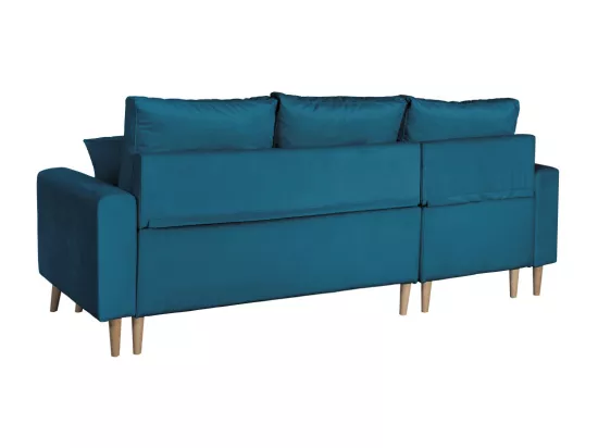 Canapé d'angle Maria scandinave réversible et convertible avec coffre en velours - Bleu pétrole - L227 x 148 x 95cm - Loungitude
