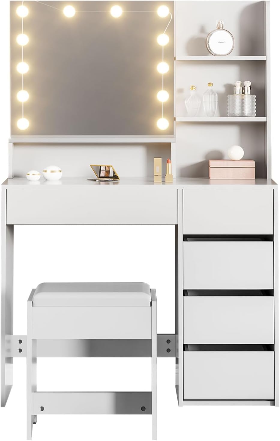 Schminktisch mit 12 LED-Beleuchtung, Hocker, Frisiertisch mit Große Spiegel, Schminktische mit Mehreren Schubladen, Schminktisch-Set mit Lichtern und Hocker 5 verdeckte Regalböden Weiß