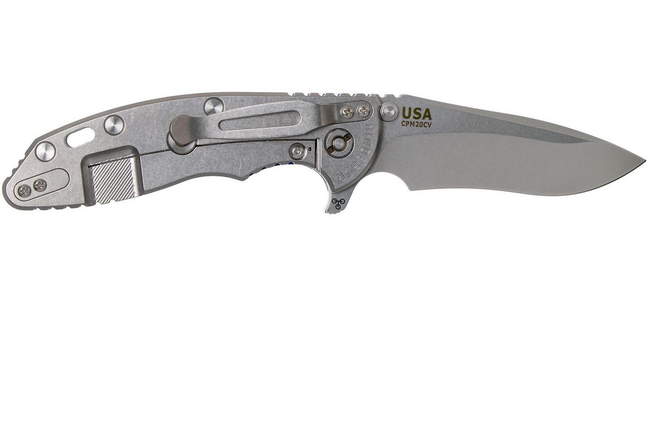 Rick Hinderer XM18 3.5” Recurve, CPM 20CV, Stonewash, Blue G10, zakmes