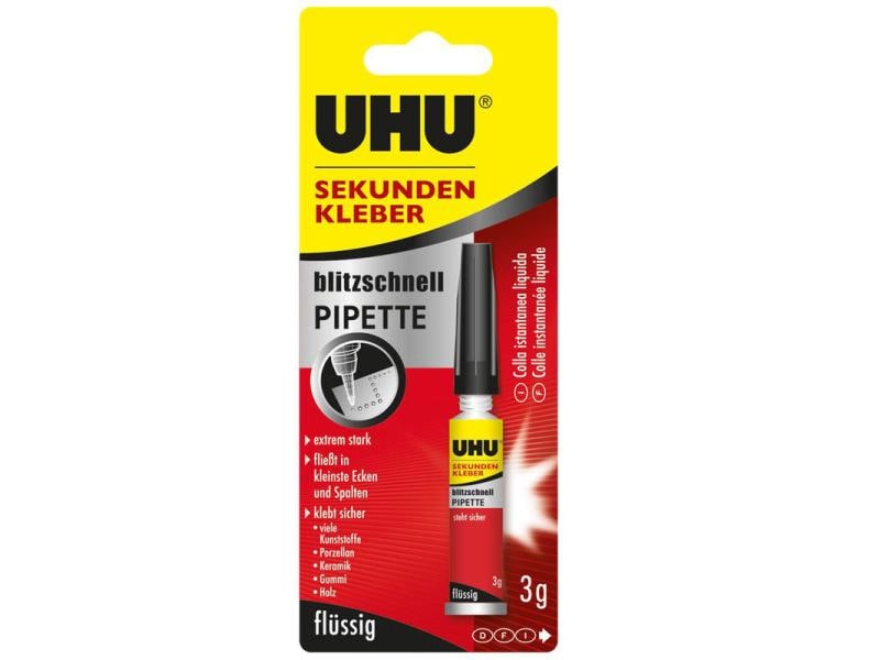 UHU Sekundenkleber Pipette 3 g, Transparent Flüssiger Sekundenkleber mit Sicherheitsverschluss