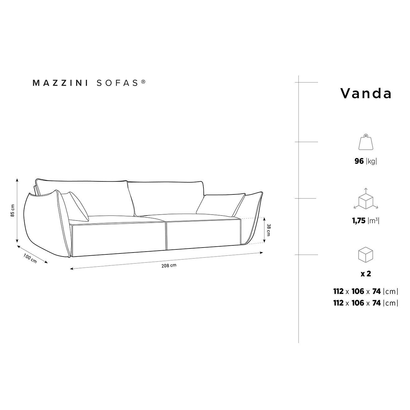 Mazzini Sofas Canapé Vanda 3 Places bleu roi - 208x100x85 cm