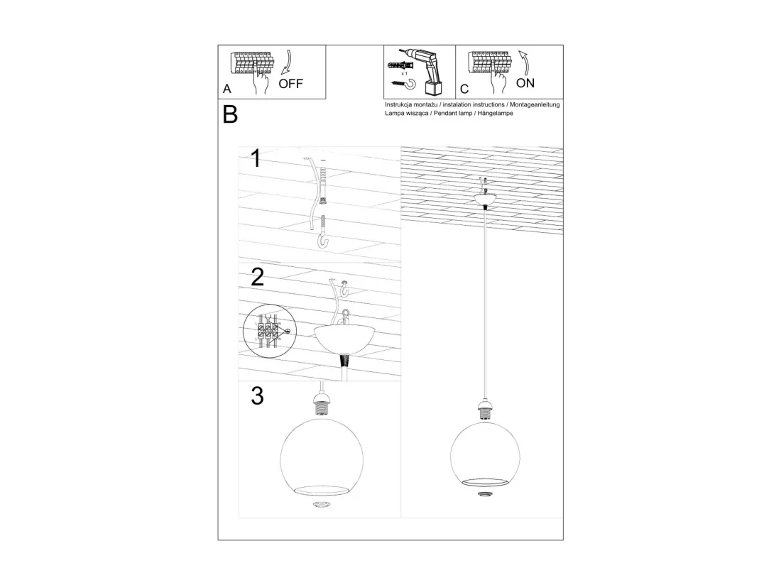 Sollux BALL Suspension de plafond en dôme de verre à 1 ampoule Blanc, Chrome, E27