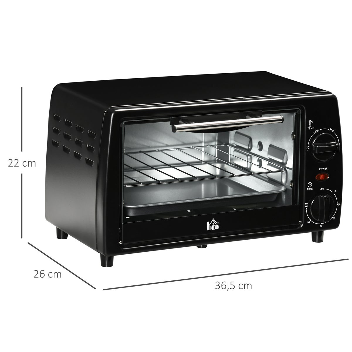 HOMCOM Mini Oven, 10 Liter, 750W, met temperatuur tot 230 ℃, 60 minuten timer, 36,5x26x22 cm, metaal, zwart