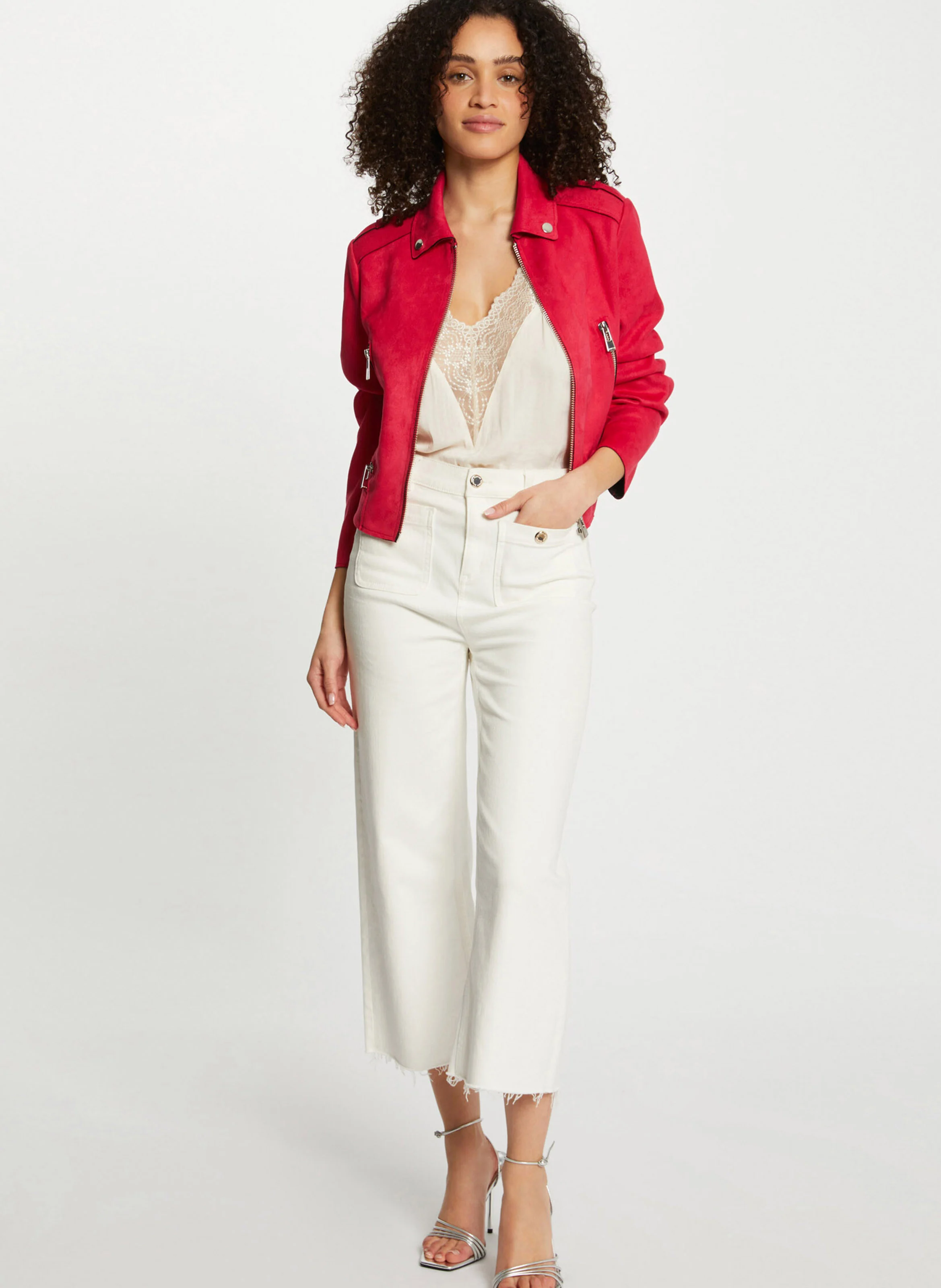 Veste blazer col classique aspect suédine| Rose
