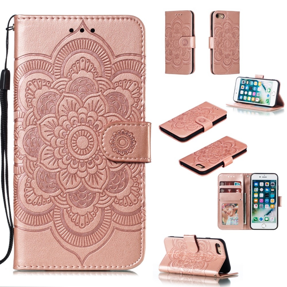 iPhone SE (2022/2020) / 8 / 7 Leder Tasche Wallet - Mandala Flowers Imprint - Roségold