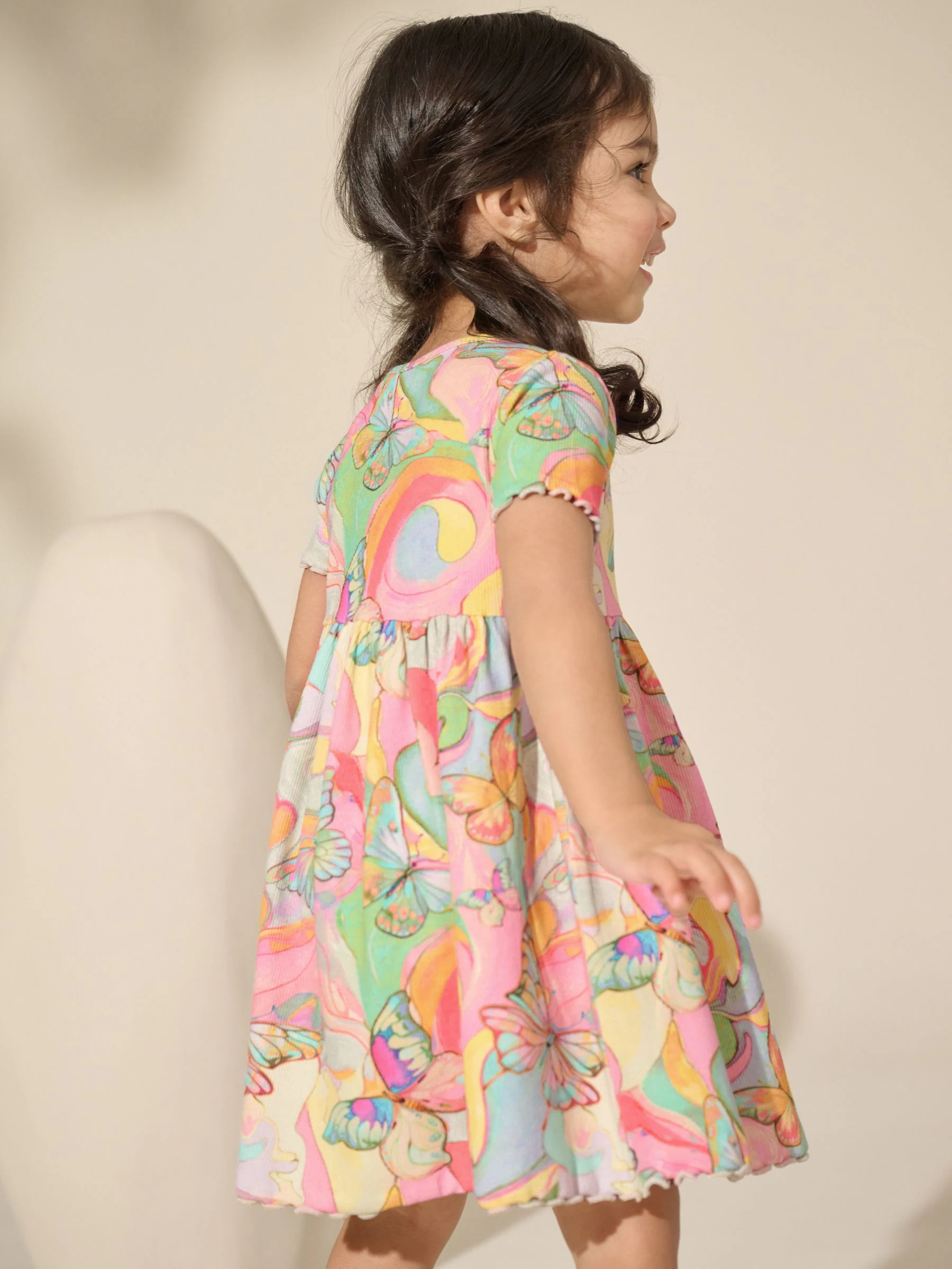 Regenboogvlinder - Geribde jersey jurk (3 mnd-7 jr)