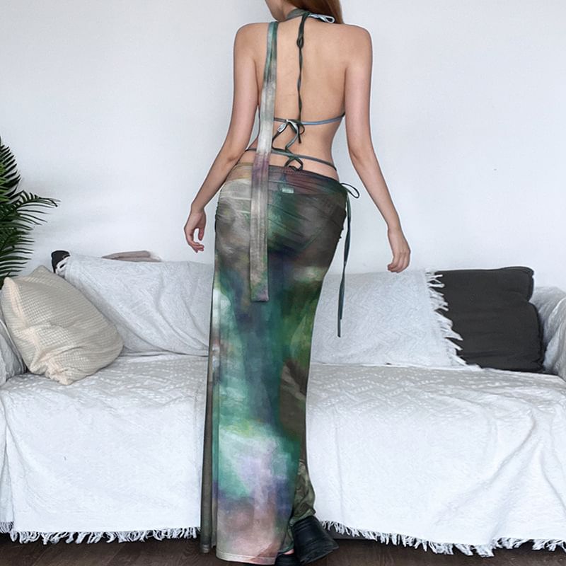 Emilyn - Set: Halter Tie Dye Bikinitop + Strikbroekje aan de zijkant + Gerimpelde Splitrok