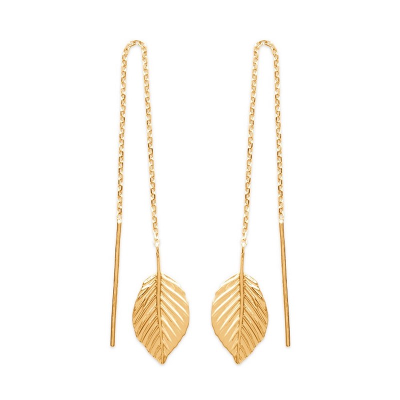 Boucles d'oreilles traversantes chaînes feuille tombante Plaqué or 750 3 microns