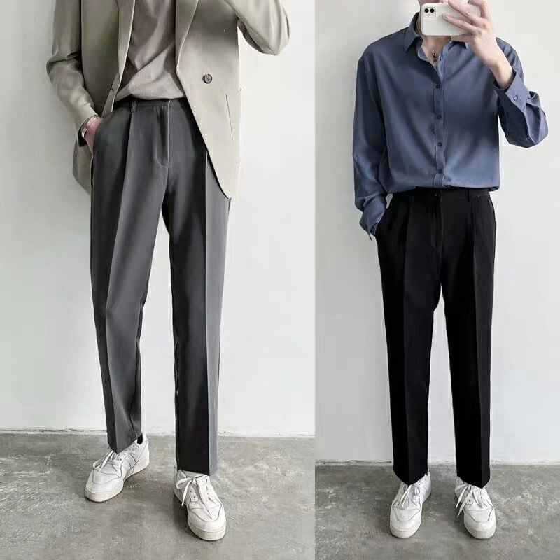 Acrius - Mid Rise Plain Cropped Straight Leg Dress Pants