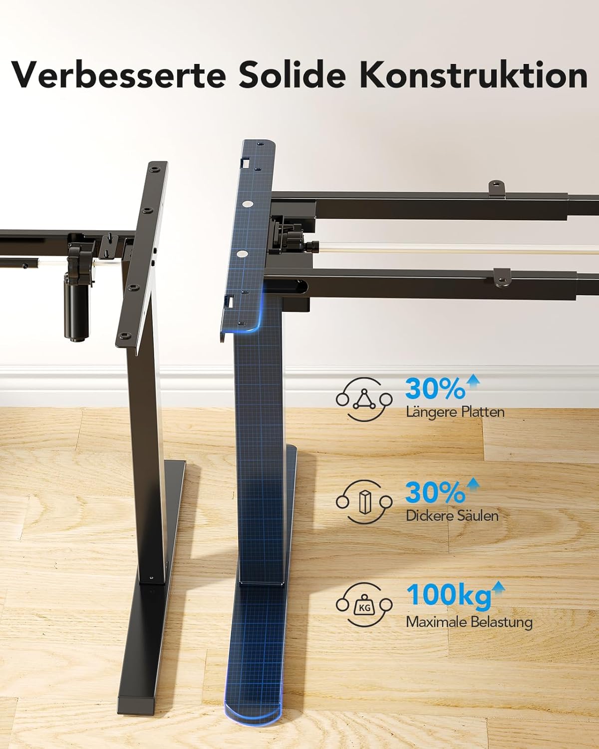 HUANUO Höhenverstellbarer Schreibtisch Gestell mit Bürstenlosem Motor,100 kg Tragfähigkeit Tischbeine Schreibtischgestell Höhenverstellbar für Tischplatten von 110x200cm,Nur Rahmen