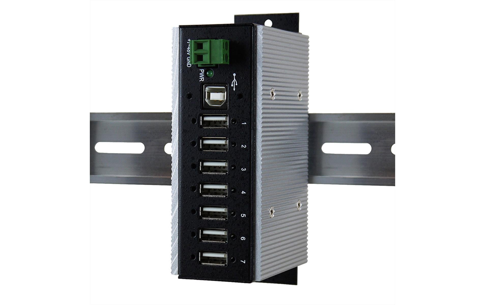 USB-Hub EX-1177HMVS-WT<br>7 Port USB 2.0 Metall HUB (DIN-Rail) für Temperaturen von –40 °C bis +85 °C Grad