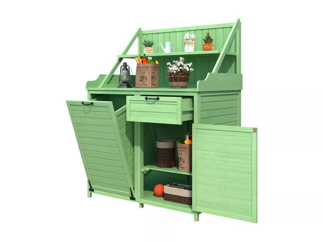 Armoire de jardin, abri de jardin en bois massif avec 2 portes, 1 tiroir et étagères de rangement - 100 x 43 x 154 cm - Vert