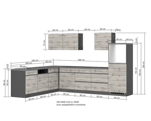 Held Furniture hoekkeuken zonder apparatuur PISA 300 cm wild eiken mat gedemonteerd omkeerbaar model 1130.6310