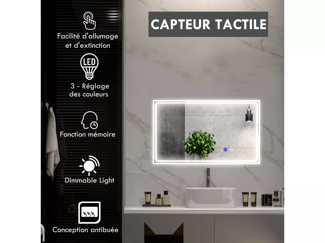 Miroir LED mural de salle de bain - 100L x 60H cm - luminosité réglable 3 couleurs - interrupteur tactile - système antibué