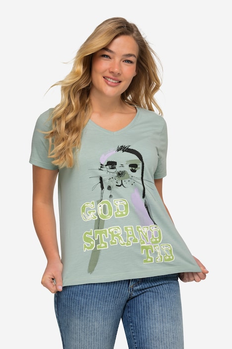 T-Shirt. Robbe, V-Ausschnitt, Halbarm