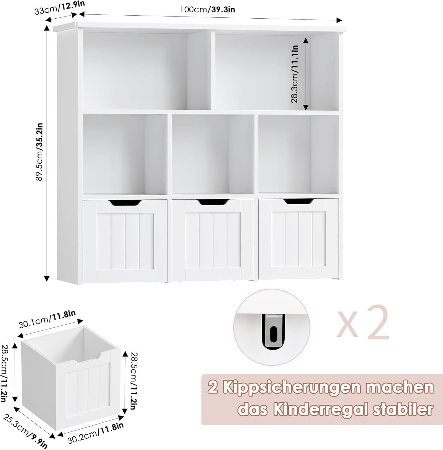 FOREHILL Kinderregal mit Boxen auf Rollen, Kinderzimmer Möbel, Spielzeugregl, Aufbewahrungregal,Bücherregal für Kinder, Kinderschrank, Regal mit 3 Boxen 100x33x89.5cm weiß