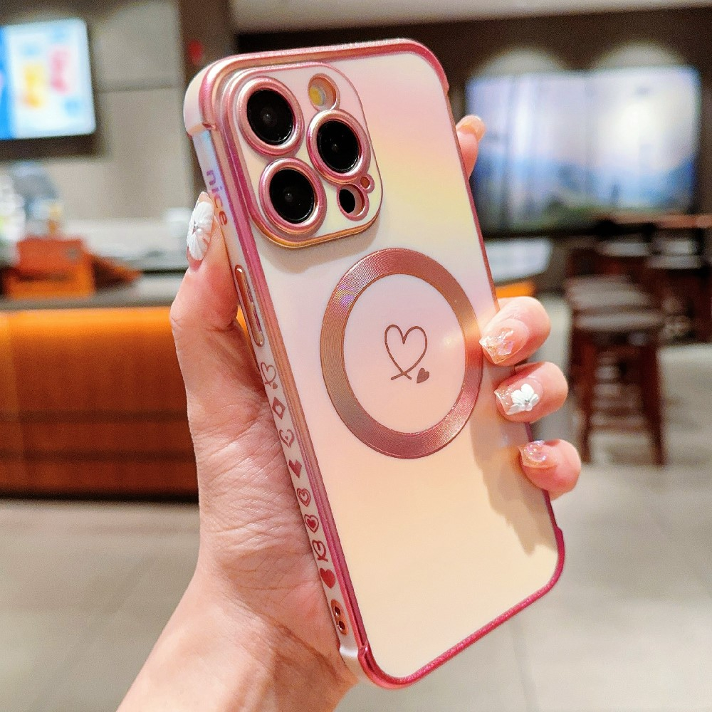 iPhone 16 Pro Max MagSafe Gummi Case Hülle Galvanisierter Rahmen Farbverlauf   Kameraglasschutz - Rosa / Gold