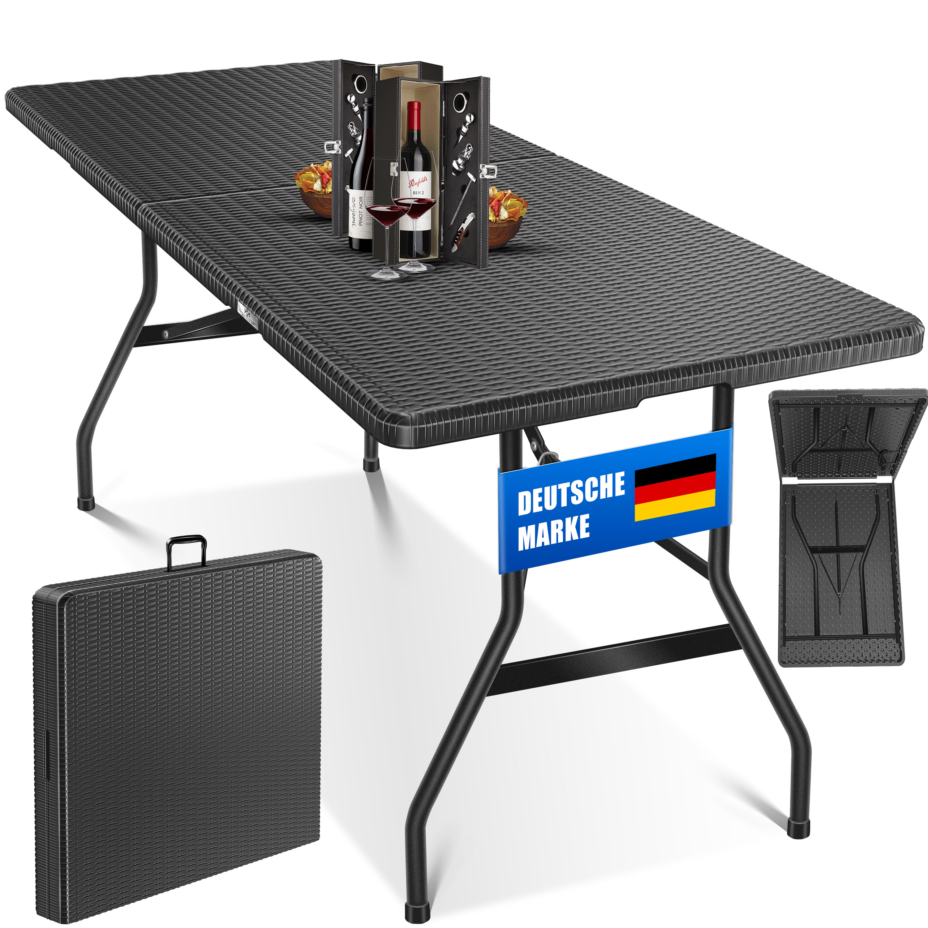 KESSER® Buffettisch Tisch klappbar Kunststoff 180x75 cm Rattan Optik Campingtisch Partytisch Klapptisch Gartentisch für Garten Terrasse und Balkon zusammenklappbar 6 Personen ink. Tragegriff