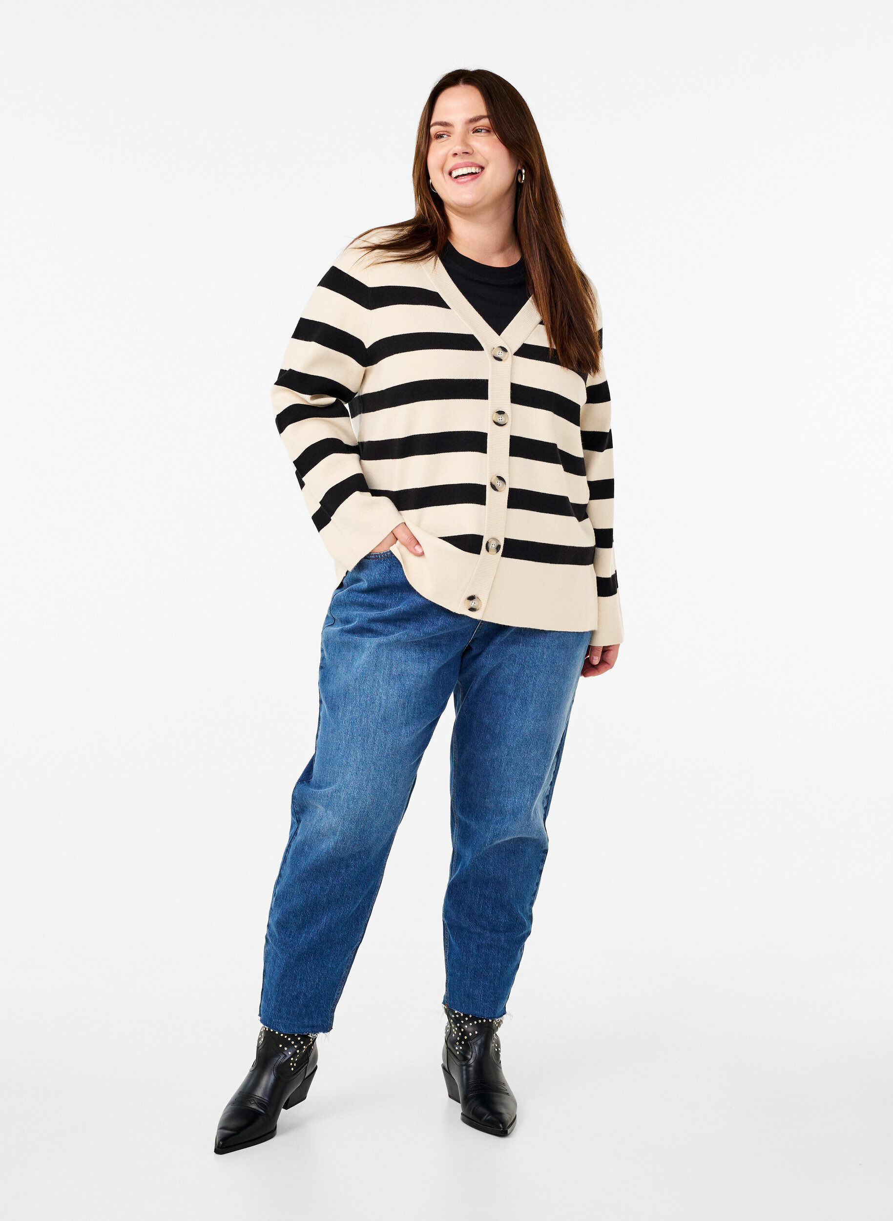 Stribet strikcardigan med v-hals