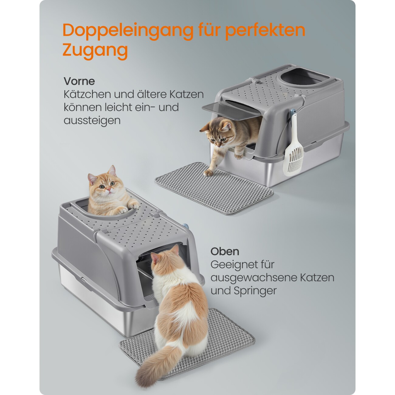 FEANDREA Edelstahl Katzentoilette XL mit Deckel 2 Eingängen grau