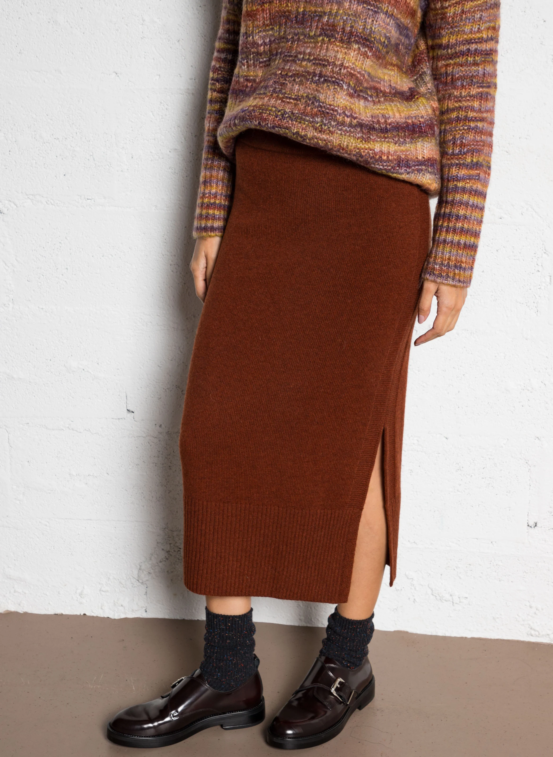 EMILIE - Jupe midi en laine | Marron