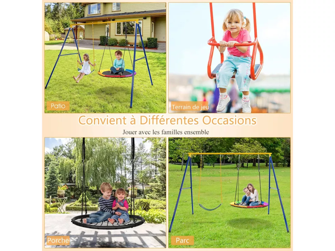 Portique de Balançoire pour Enfants en Forme de A Charge 300KG avec 2 Façons de Suspendre Piquets d'Ancrage 249x185x181,5cm