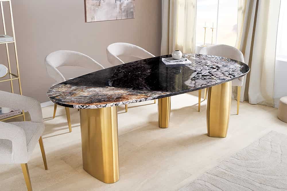 Design Esstisch ORGANIC 200cm grau weiß braun Naturstein Marmor Metall brushed gold