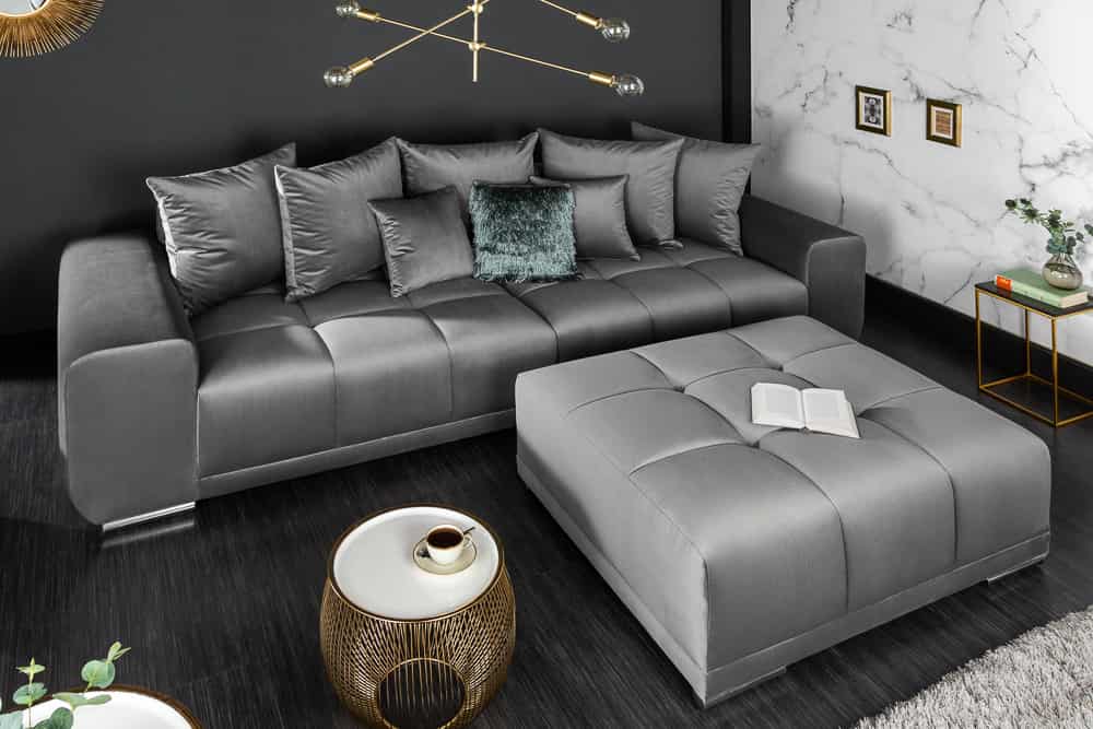 Extravaganter Hocker ELEGANCIA 110cm silbergrau Samt mit Ziersteppung