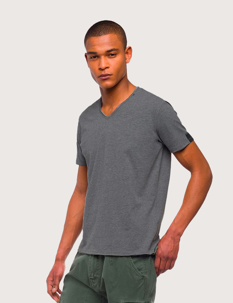 REPLAY T-SHIRT COL V EN COTON GRIS FONCÉ