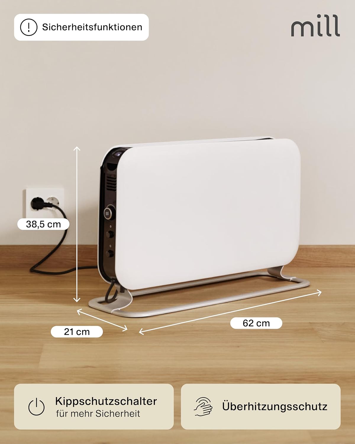 Mill Elektro Heizkörper 2000W, Konvektor Heizung elektrisch 24-28m² freistehende Elektroheizung, leise elektrische Heizung, Elektroheizkörper mit LED Anzeige Electric Heater Heizgeräte für Innenräume