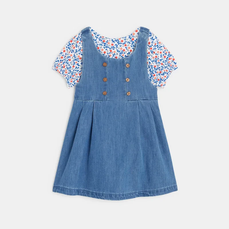 Robe salopette denim léger et t-shirt fleuri bleue bébé fille Bleu