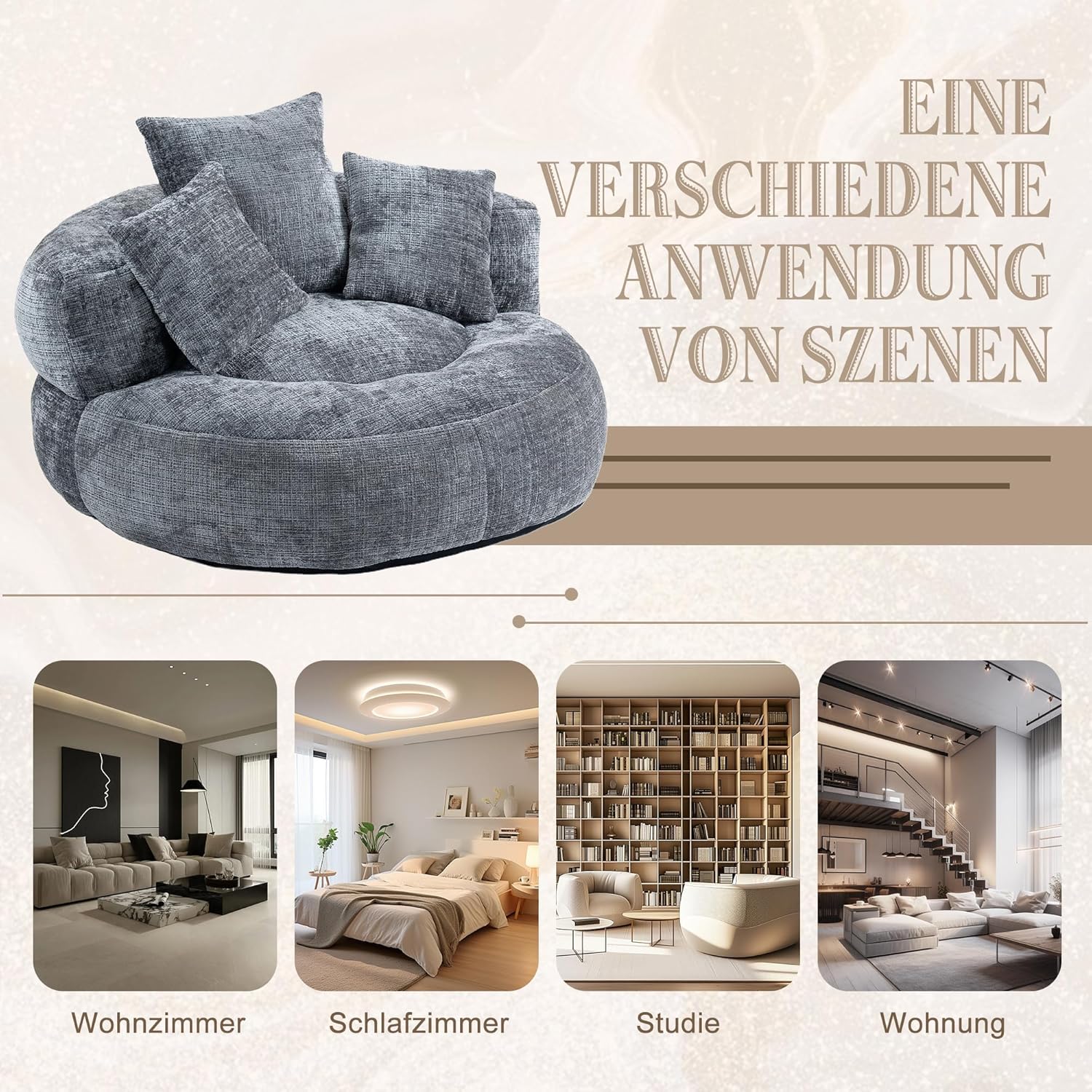 okwish Schlafsofa mit 3 Kissen, Ecksofa Lazy Sofa Indoor & Outdoor Sitzsack Relaxsessel für Schlafzimmer, Büro, Posterstuhl, Chenille-Stoff, Grau