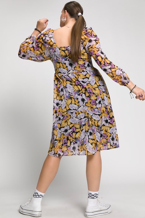 Blumen-Kleid, A-Line, Carree-Ausschnitt, Langarm, Jersey-Unterkleid