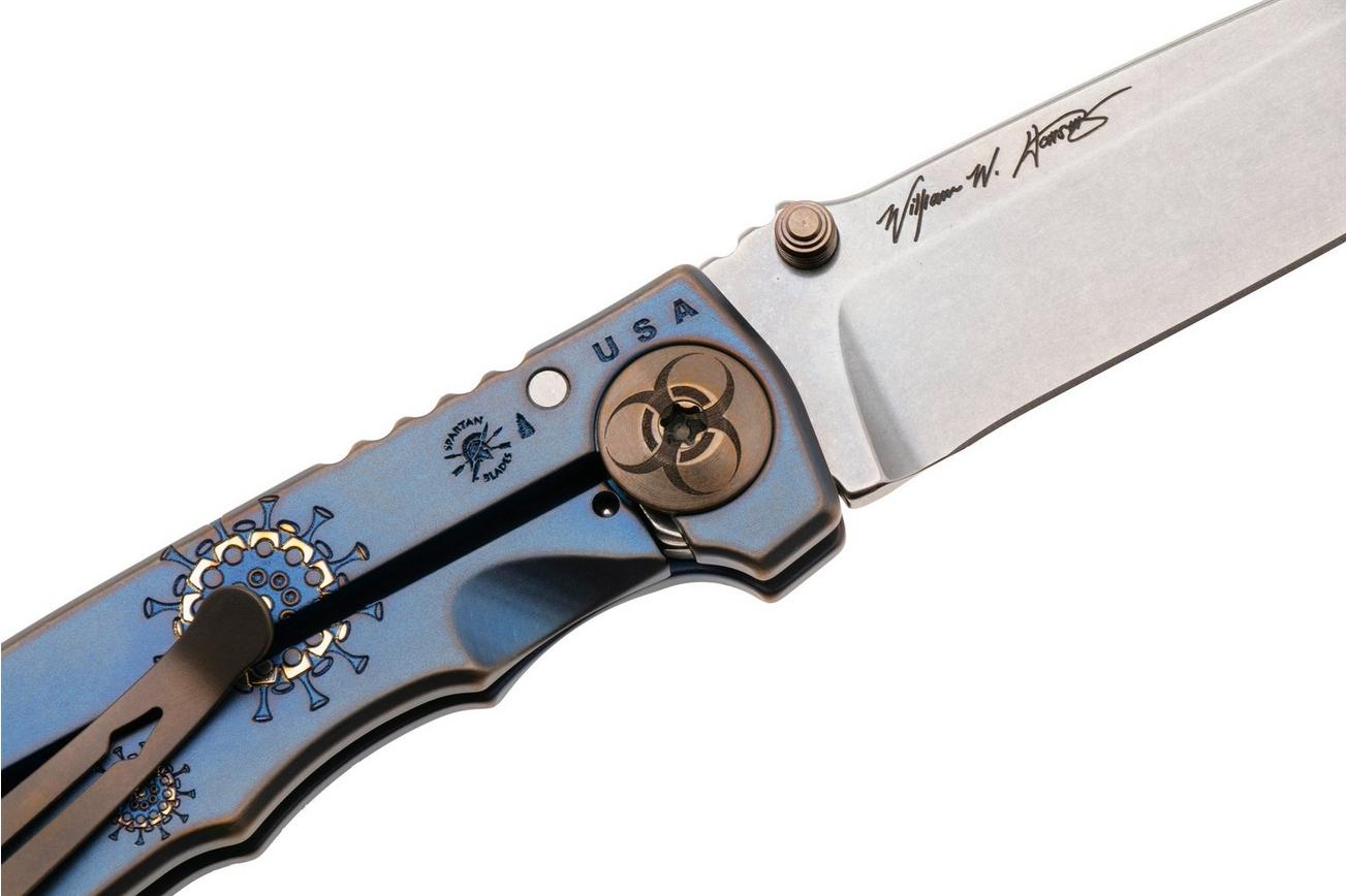 Spartan Harsey Folder 3.25 SF10SWBL-PL-DOC, Stonewashed CPM MagnaCut, Plague Doctor Blue/Bronze Anodized Titanium zakmes