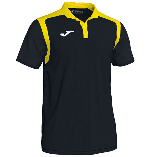 Camisa polo Joma Championship V de manga curta, preta e amarela.