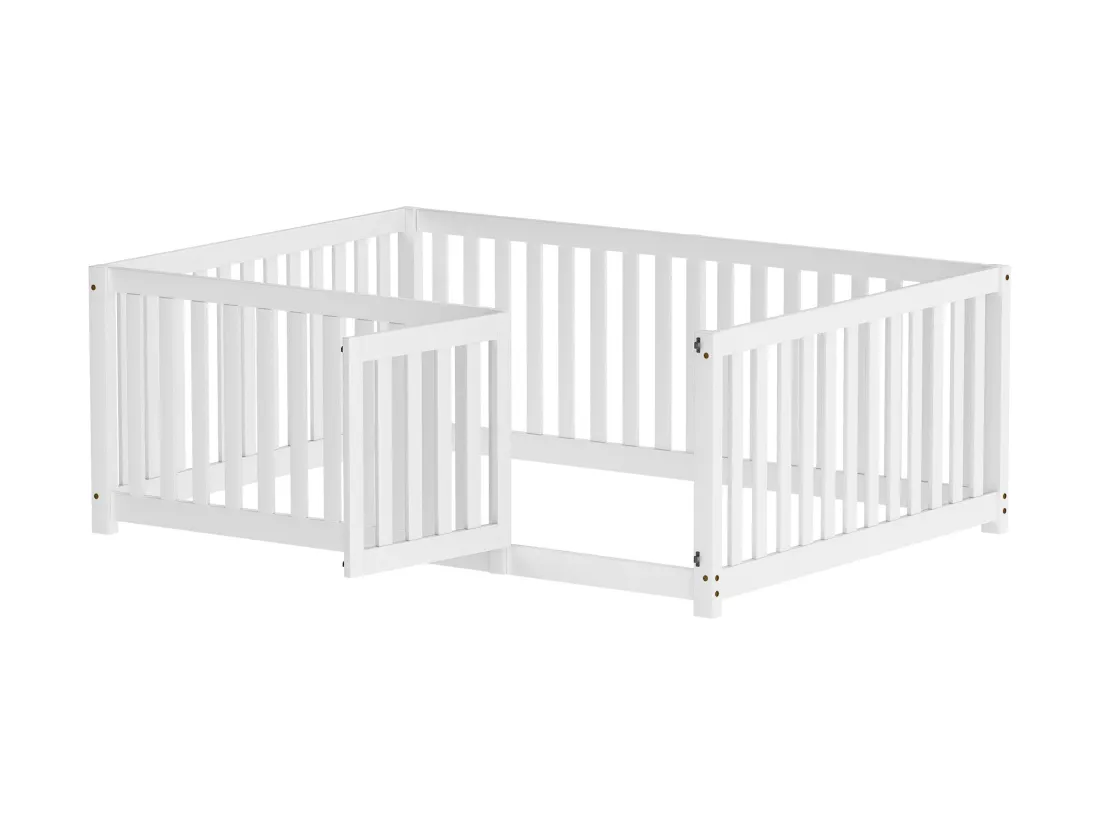 Lit bébé 140 x 200 cm sol en bois Cadre de lit avec clôture et porte, blanc