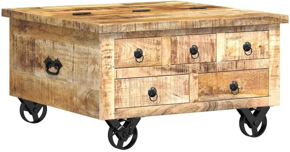 vidaXL Raues Mangoholz Couchtisch mit 5 Schubladen 1 Staufach Vintage Beistelltisch Wohnzimmertisch Kaffeetisch Sofatisch 70x70x40cm