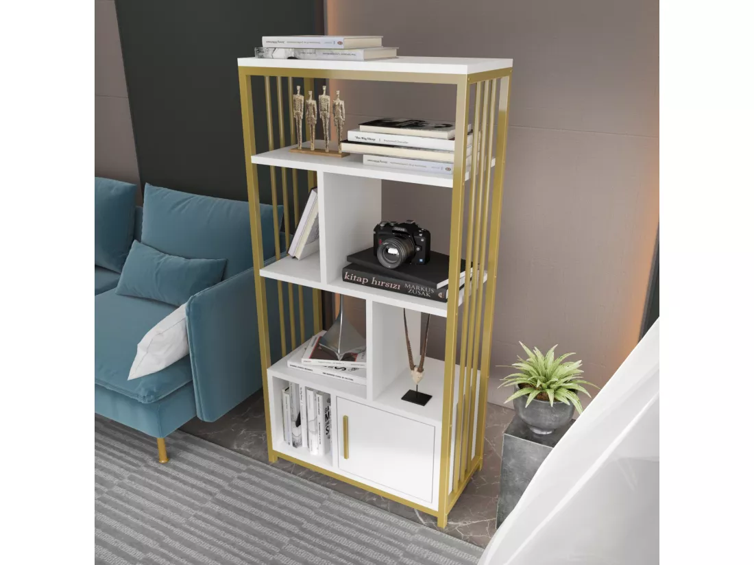 Bibliothèque en métal Valero avec placard (Doré et Blanc)