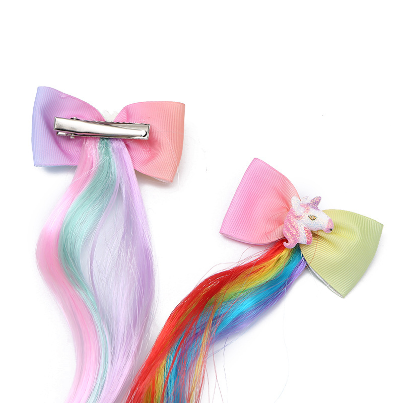 (3er Set) Kunsthaar Kinder Clip Extensions Haar Schmuck Bunte Strähnen Haarspangen - Einhorn / Schleife
