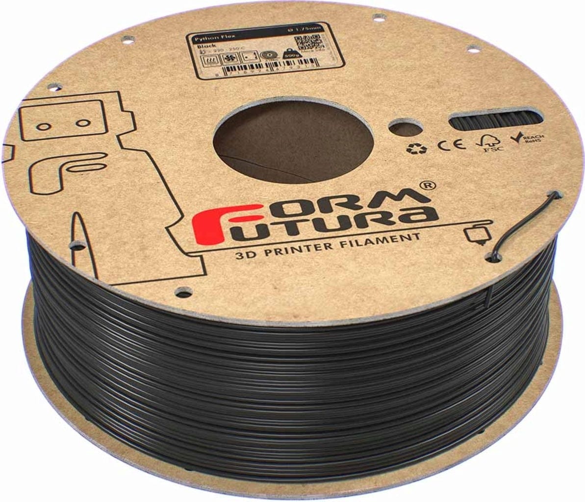 FormFutura  Python Flex TPU 98A Black, 1,75 mm / 500 g    Flexibles TPU-basiertes Filament mit 98A-Shore-Härte