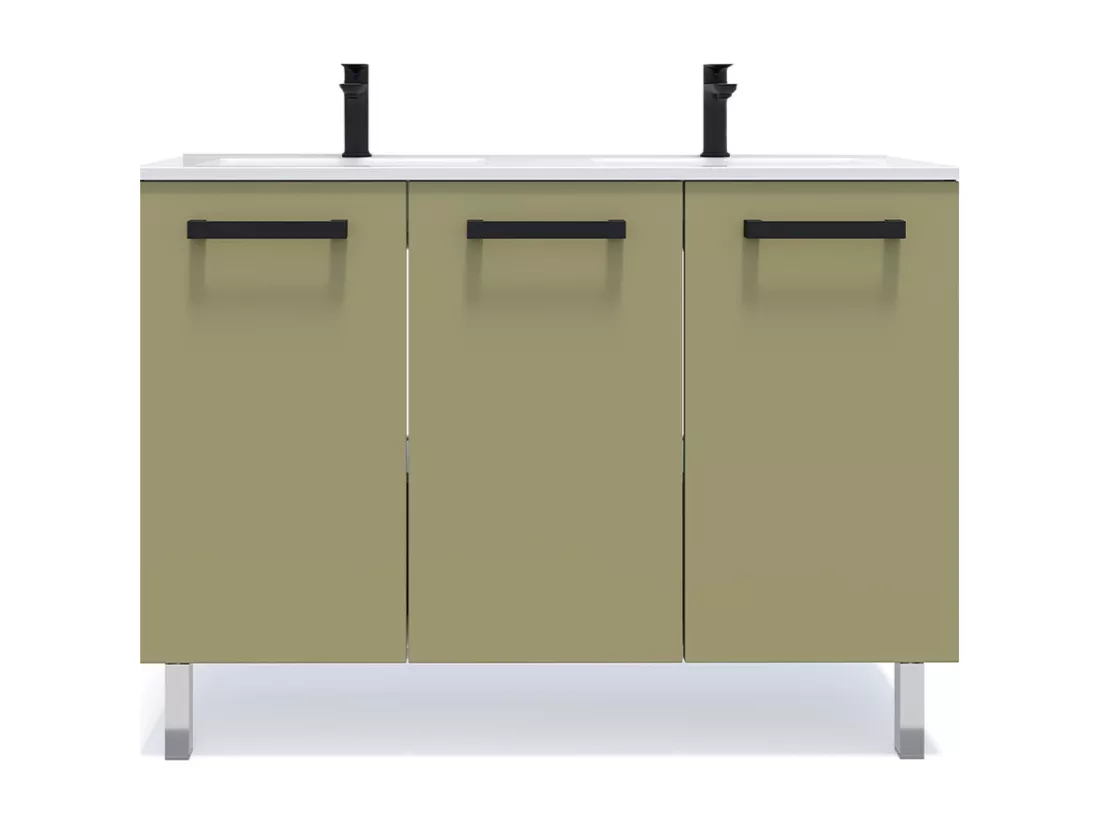 Meuble de salle de bain suspendu avec pieds double vasque intégrée 120cm 3 portes Vert olive - Chelsea