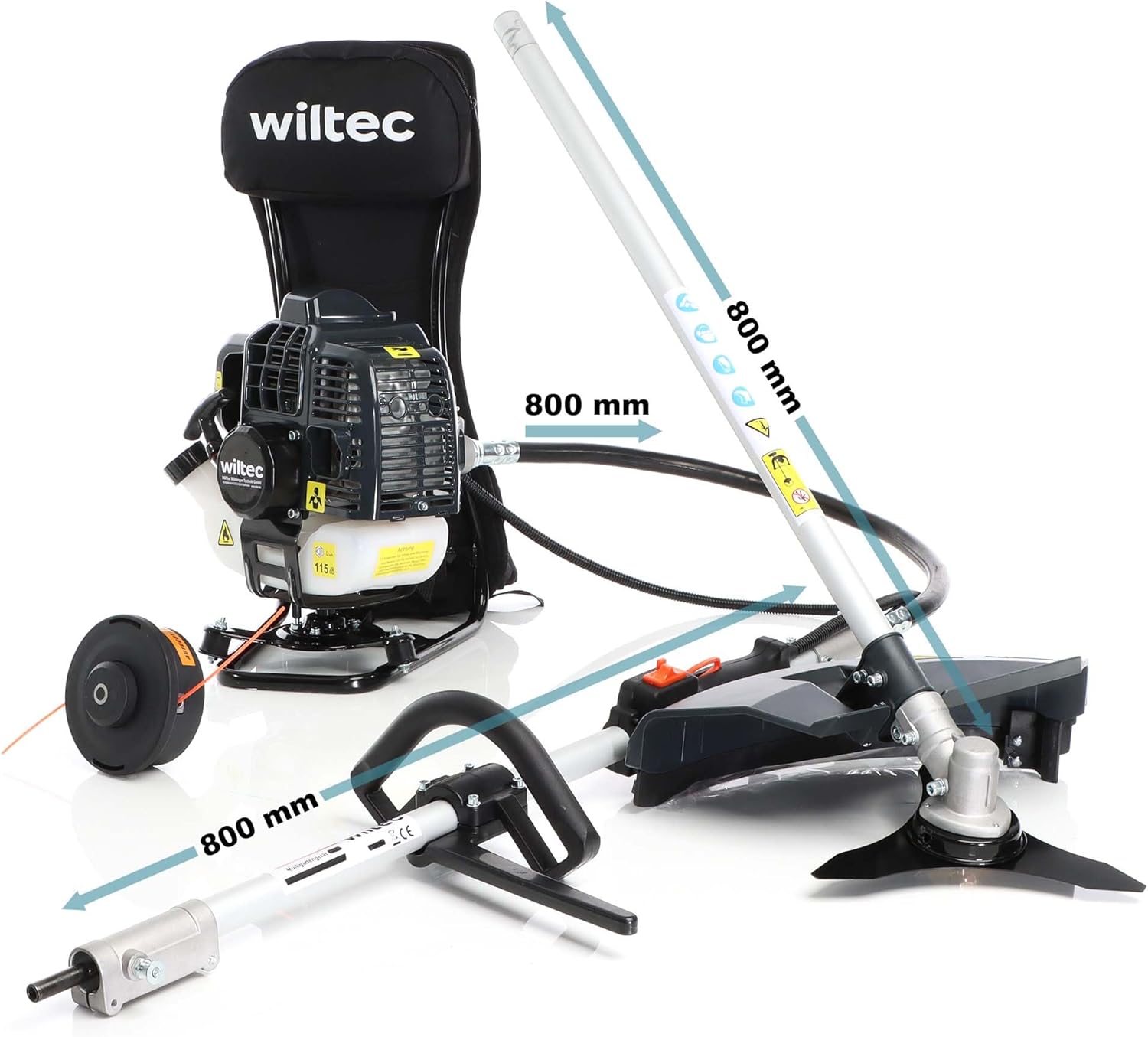 Wiltec 2-in-1 Multifunktionsgerät mit 2-Takt-Motor mit Rucksack, Backpacker Multigartengerät, Multitool Gartenwerkzeug mit u.a. Rasentrimmer