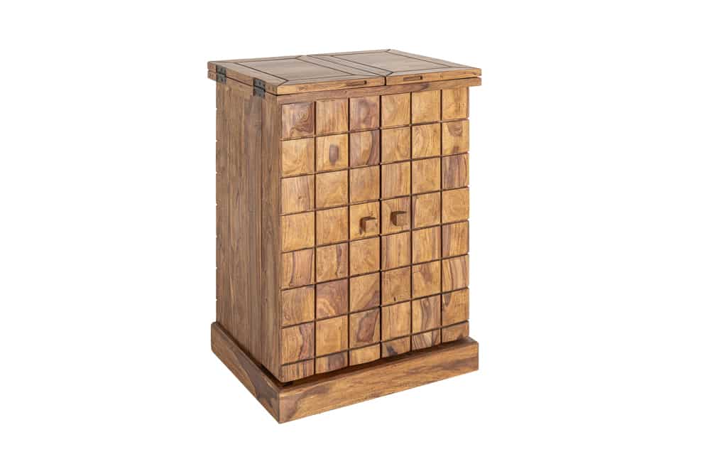 Handgearbeiteter Barschrank MOSAICO 130cm braun Sheeshamholz stone finish 3D Effekt