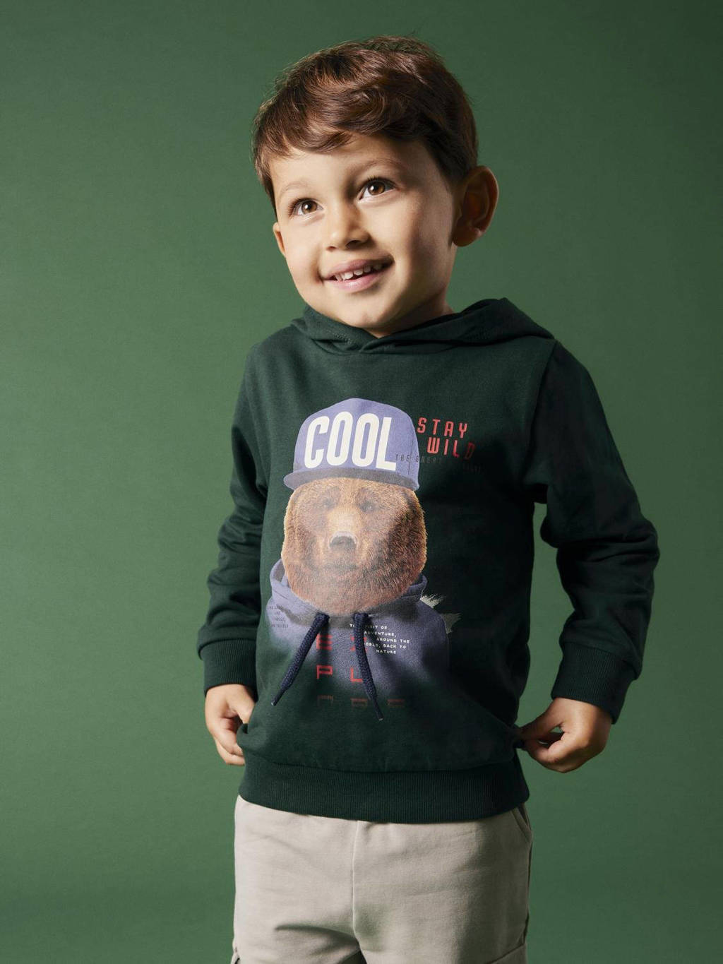 NAME IT hoodie NMMLABEAR met printopdruk donkergroen