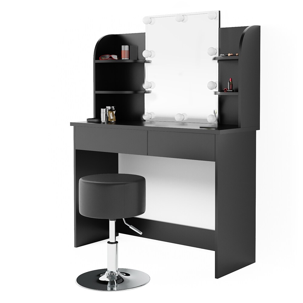Vicco Schminktisch Charlotte Frisiertisch Kommode Frisierkommode Spiegel Schwarz inklusive Hocker und LED-Lichterkette