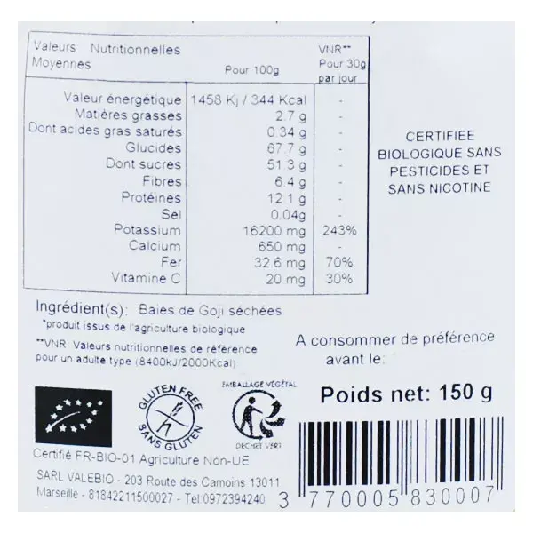 Bagas de Goji Orgânicas Valebio 150g