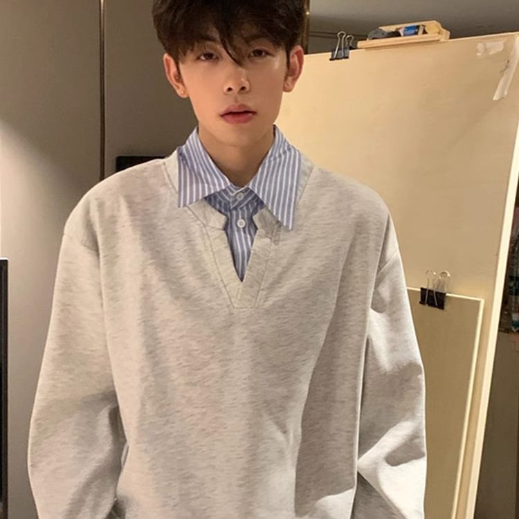 Chuoku - Sweatshirt met kraag, effen strepen en paneel, tweedelig model