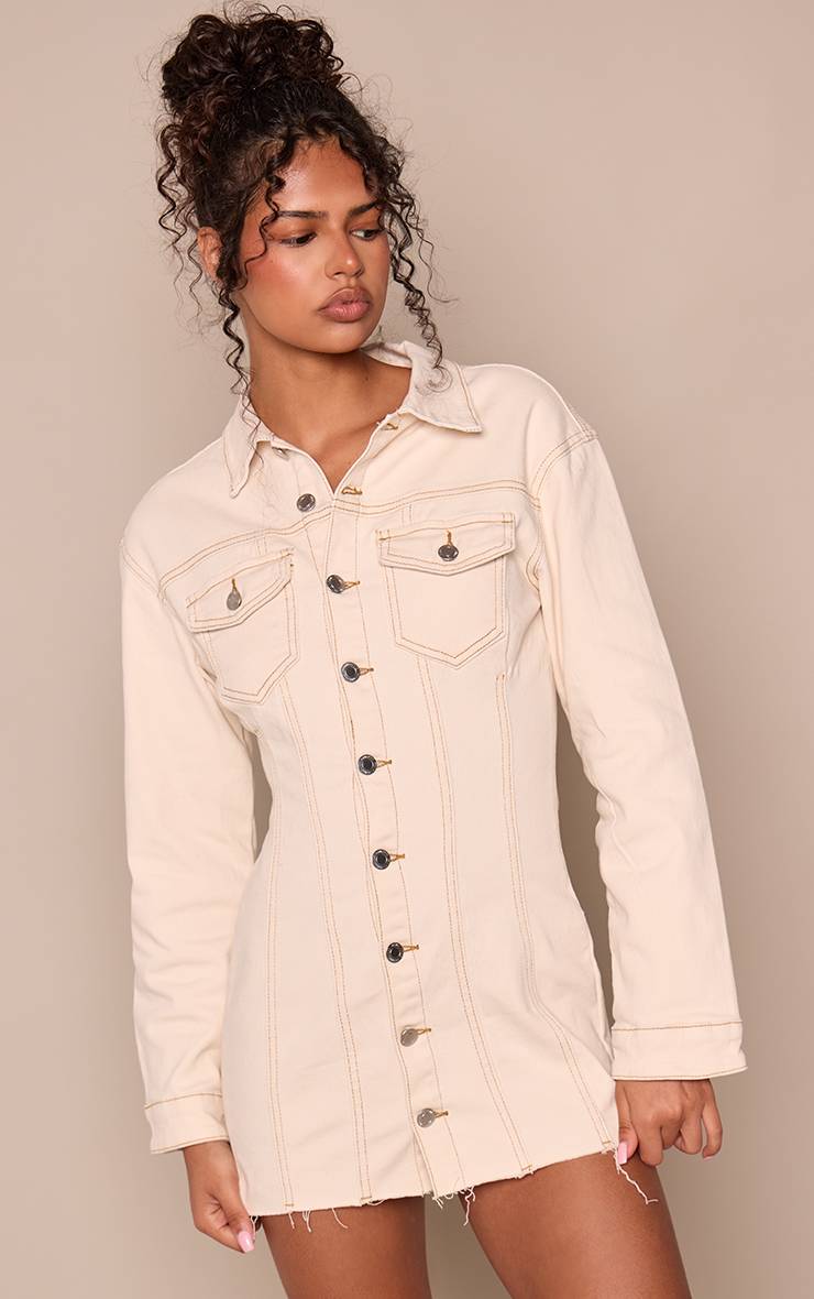 Ecru Robe Chemise En Denim À Manches Longues Et Ourlet Brut